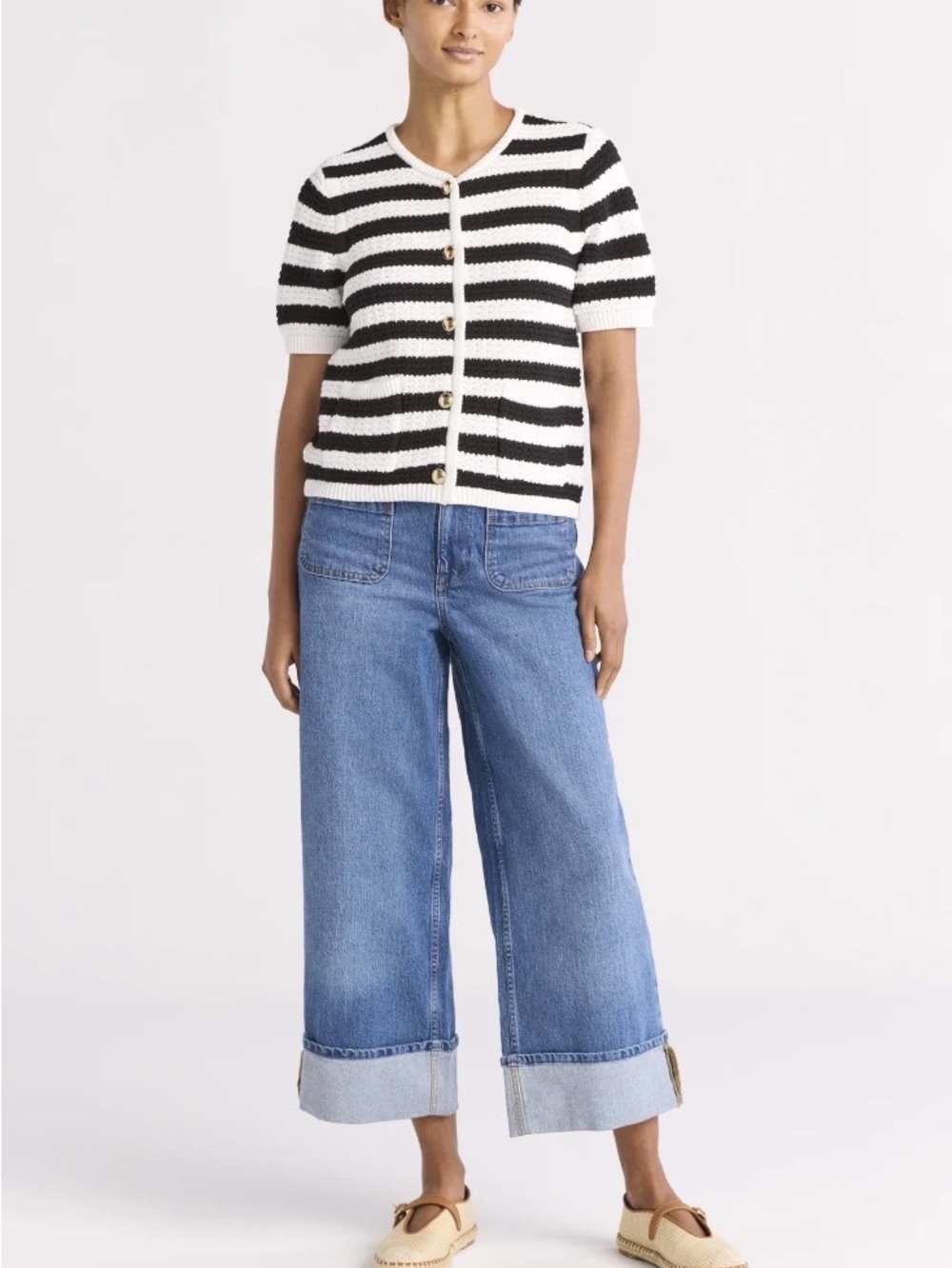 Striped Short-Sleeve Cardigan - Black & White